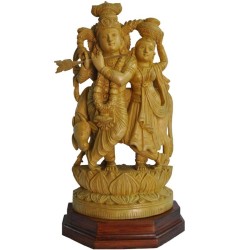 Radha Krishna With Cow wooden Statue