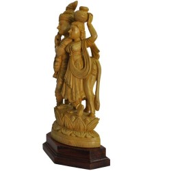 Radha Krishna With Cow wooden Statue