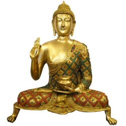 Buddha Blessing Coral Stone Brass Idol