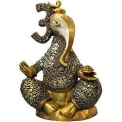 Fancy Ganesha Silver Stone Brass Idol