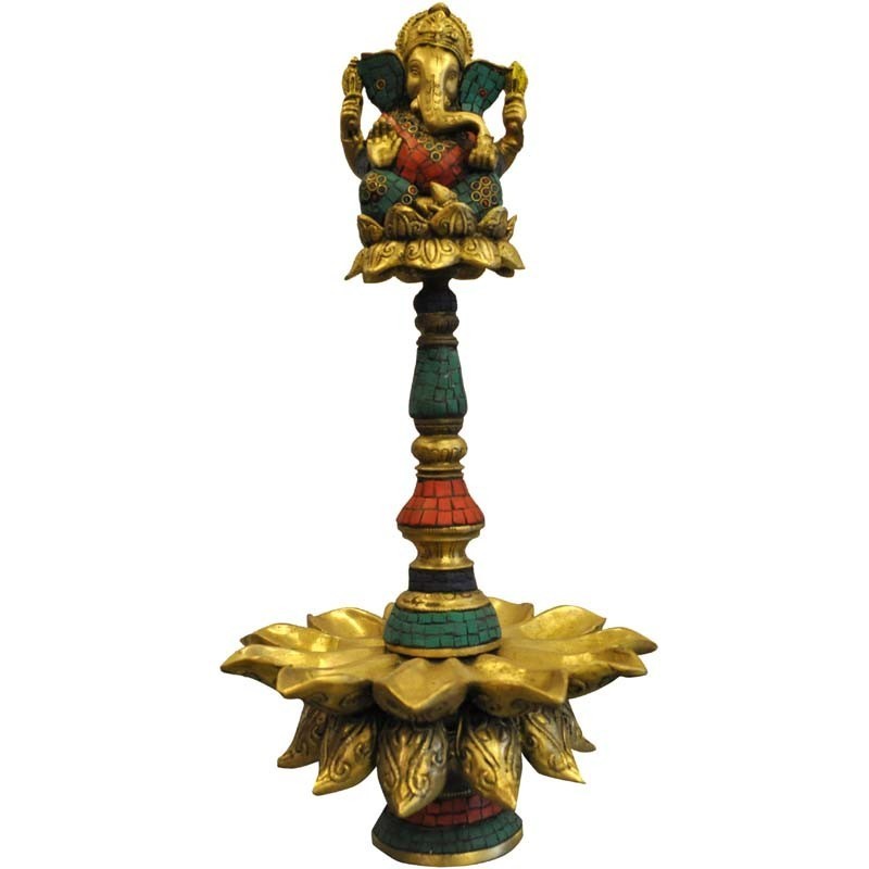 Coral Stone Deepa with Ganesha Brass