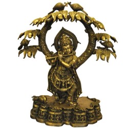 Krishna Under The Tree Coral Stone Brass Idol