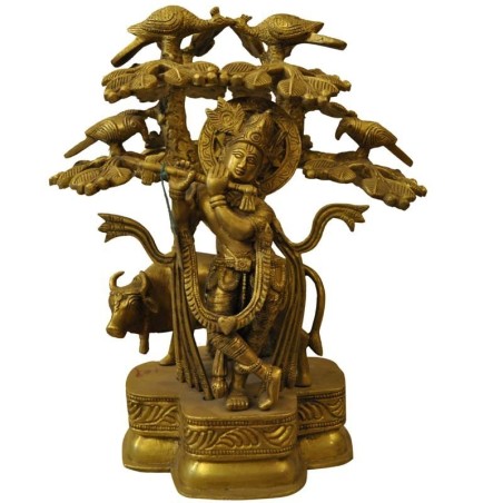 Krishna With Cow Under The Tree Brass Idol