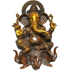Ganesha Seated On Four Headed Elephant Brass Idol