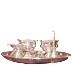 Pooj Set mini 2 deepa, 2 kumkum cups, 1 karpur arti, 1 bell, 1 plate