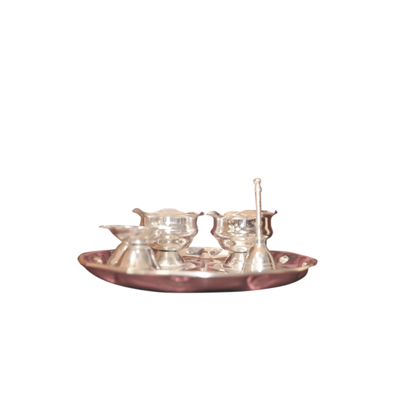 Pooj Set mini 2 deepa, 2 kumkum cups, 1 karpur arti, 1 bell, 1 plate