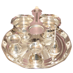 Pooj Set mini 2 deepa, 2 kumkum cups, 1 karpur arti, 1 bell, 1 plate