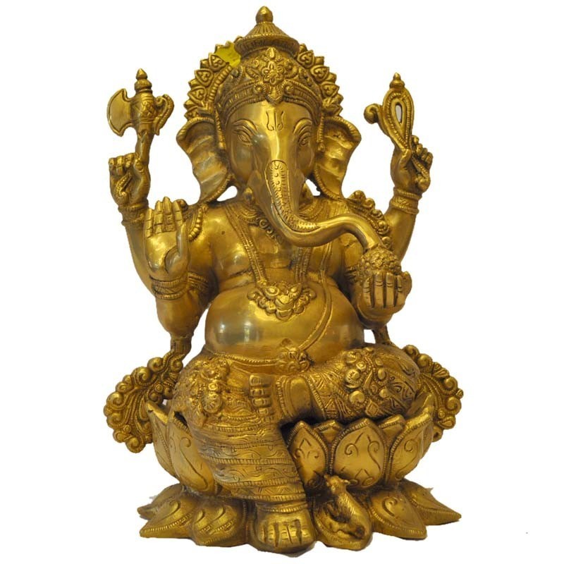 Lord Ganesh Brass Idol sitting on a Lotus