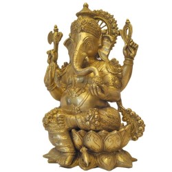 Lord Ganesh Brass Idol sitting on a Lotus