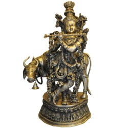 Krishna With Cow Brass Statue