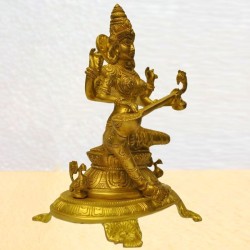 Saraswati Sitting on Peeta Brass Idol
