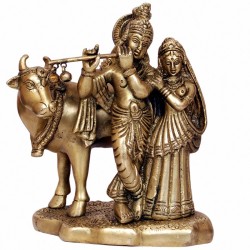 Lord Krishna and Radha standing with Cow