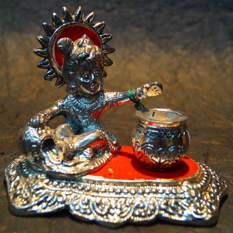 Bal Krishna playing with cheese Aluminium idol
