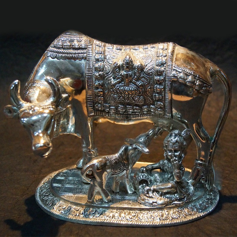 Bal Krishna palying with cow and calf aluminium idol
