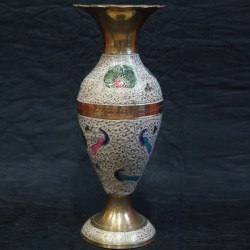 Brass Flower vase with Blue peacock Painted