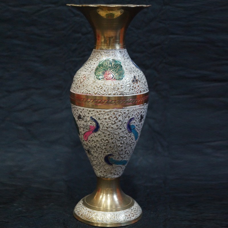 Brass Flower vase with Blue peacock Painted