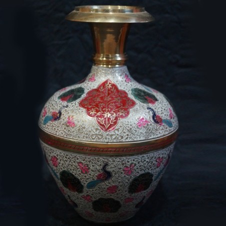 Brass Flower vase with Red Flowers Painted on Top