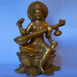 Goddess Saraswati sitting on lotus brass idol 