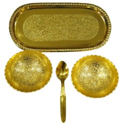 Designed brass fruit bowl with tray and spoon