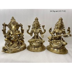 Ganesha, Lakshmi, Saraswathi Bronze Statues Set