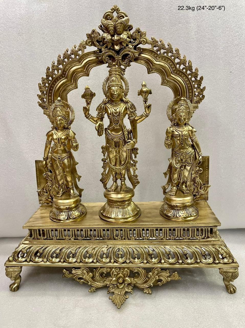 Lord Vishnu with Bhumi and Lakshmi Bronze Statue - Puja Sanskaram