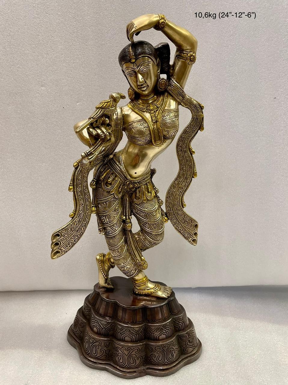 Antique brass sculpture of an Indian lady holding a parrot on her left hand  - Assamika: Arts, crafts, antiques, collectibles, home decor and more
