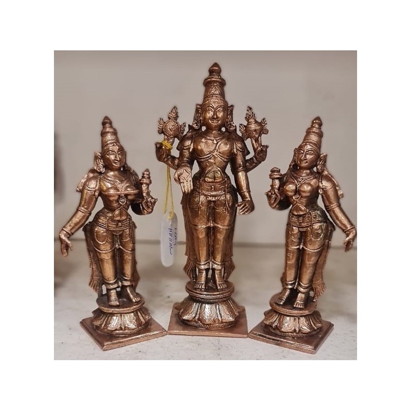 Lord Narayana with Shree Devi and Bhoo Devi Copper Statue