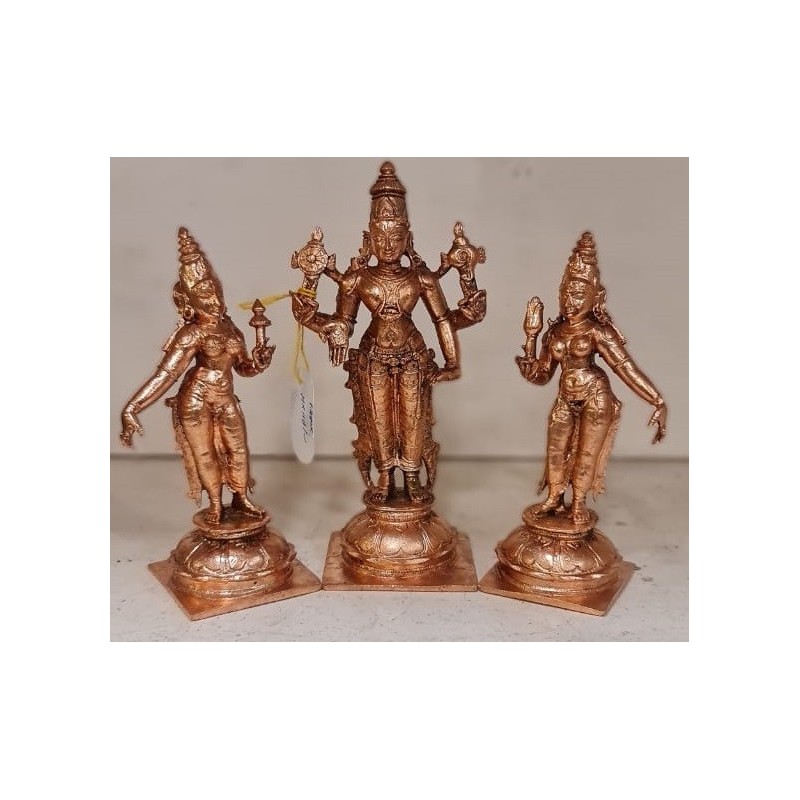 Sri Vishnu Sridevi Bhudevi Copper Statue