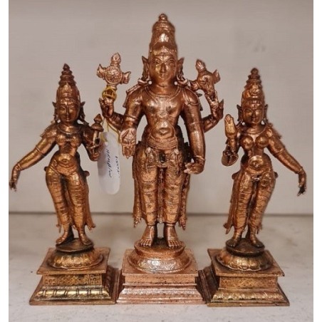 Lord Narayana with Sridevi and Bhudevi Copper Statue