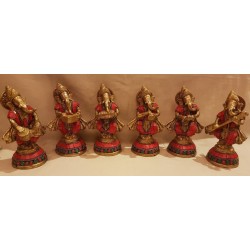 Standing Coral finish Brass Ganesha Musician set of Six