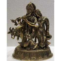 10 Inches Radha and Krishna with Cow Brass Statue