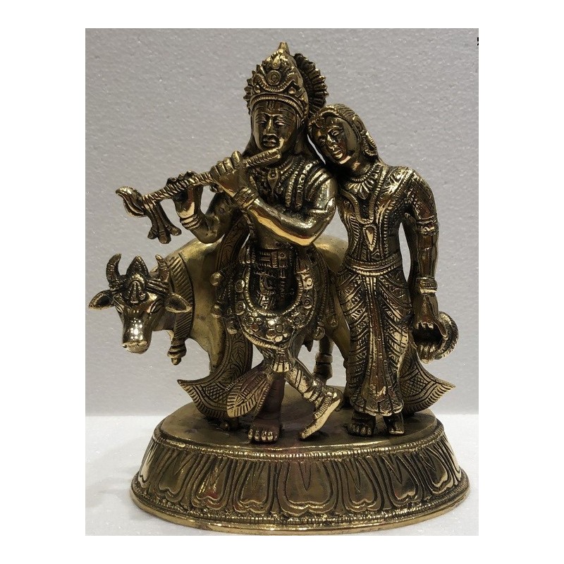10 Inches Radha and Krishna with Cow Brass Statue